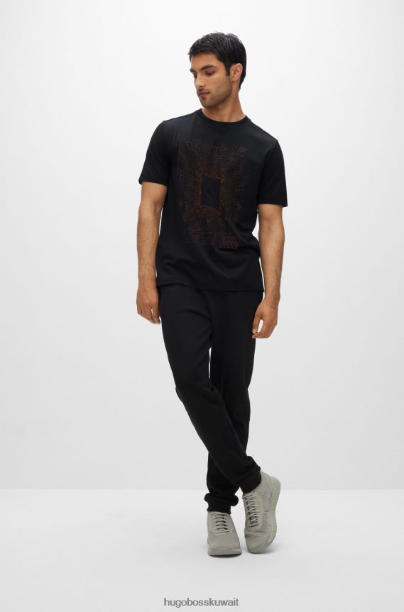 4TFNJN1410 أسود Hugo Boss تي شيرت أسود من مزيج القطن مع عمل فني يتوهج في الظلام