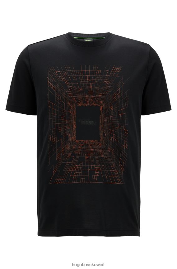 4TFNJN1410 أسود Hugo Boss تي شيرت أسود من مزيج القطن مع عمل فني يتوهج في الظلام