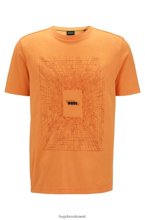 4TFNJN1411 برتقالي فاتح Hugo Boss تي شيرت من مزيج القطن مع عمل فني يتوهج في الظلام هوغو برتقالي فاتح