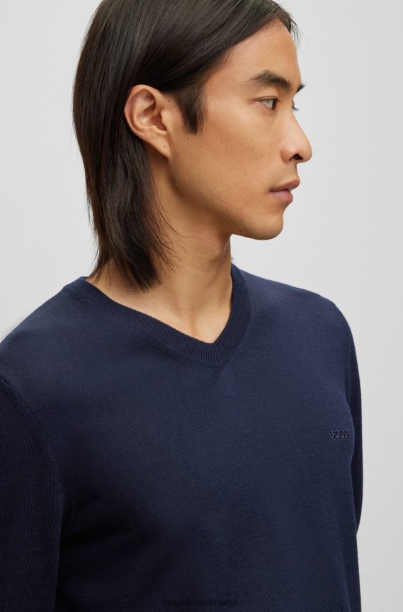 4TFNJN1414 أزرق غامق Hugo Boss سترة هوغو برقبة على شكل حرف V من الصوف المسؤول باللون الأزرق الداكن