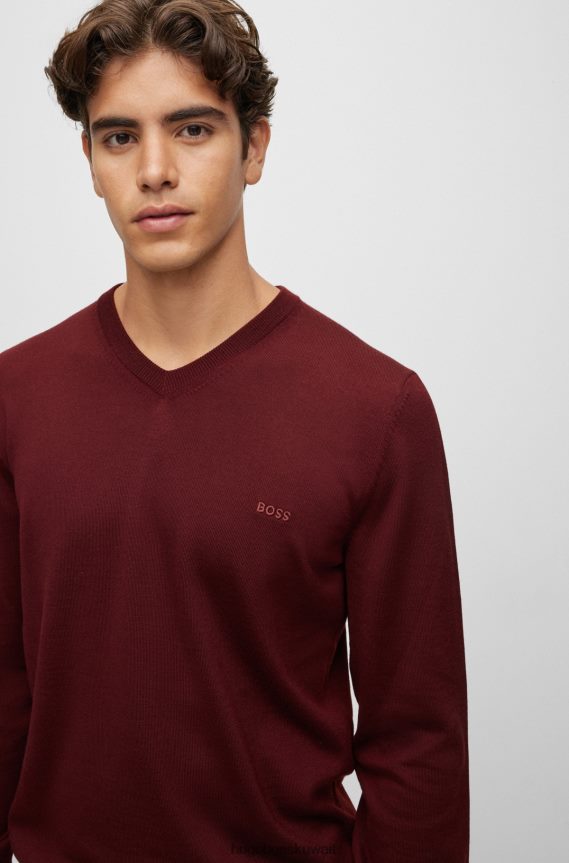 4TFNJN1415 احمر غامق Hugo Boss سترة برقبة على شكل حرف V من الصوف المسؤول باللون الأحمر الداكن