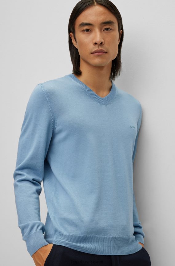 4TFNJN1416 أزرق فاتح Hugo Boss سترة زرقاء فاتحة برقبة على شكل حرف V من هوغو من الصوف المسؤول