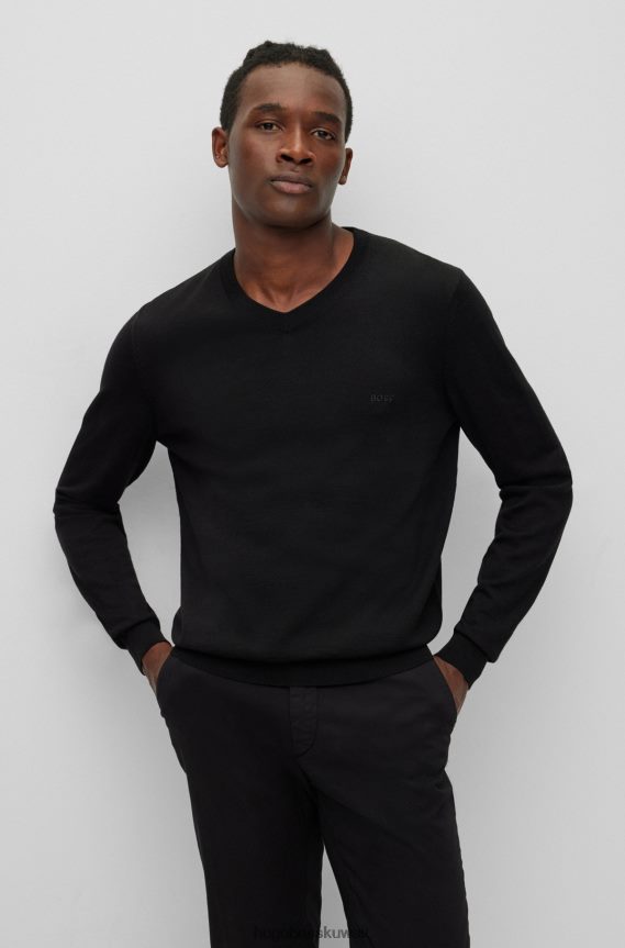 4TFNJN1418 أسود Hugo Boss سترة هوغو سوداء برقبة على شكل حرف V من الصوف المسؤول