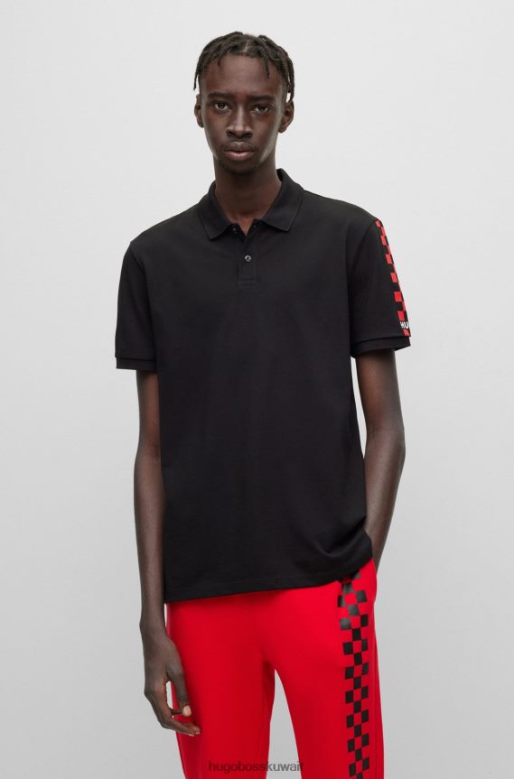 4TFNJN1428 أسود Hugo Boss قميص بولو أسود بقصة عادية من قطن بيكيه © مع شعار عمل فني هوغو