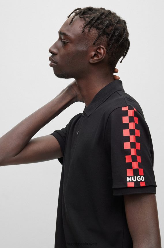 4TFNJN1428 أسود Hugo Boss قميص بولو أسود بقصة عادية من قطن بيكيه © مع شعار عمل فني هوغو