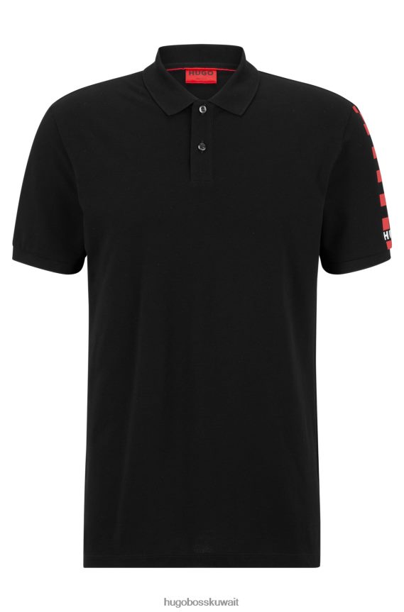 4TFNJN1428 أسود Hugo Boss قميص بولو أسود بقصة عادية من قطن بيكيه © مع شعار عمل فني هوغو