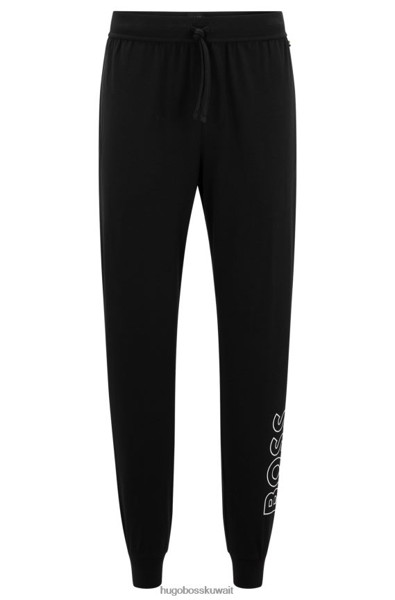 4TFNJN1441 أسود Hugo Boss بنطلون بيجامة من القطن المطاطي مع طباعة شعار هوغو باللون الأسود