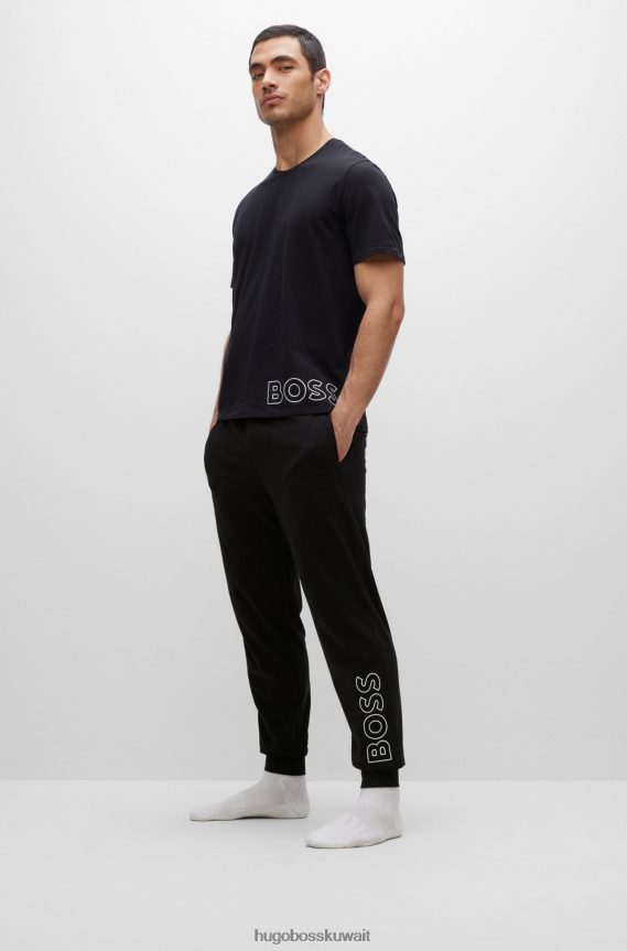 4TFNJN1441 أسود Hugo Boss بنطلون بيجامة من القطن المطاطي مع طباعة شعار هوغو باللون الأسود