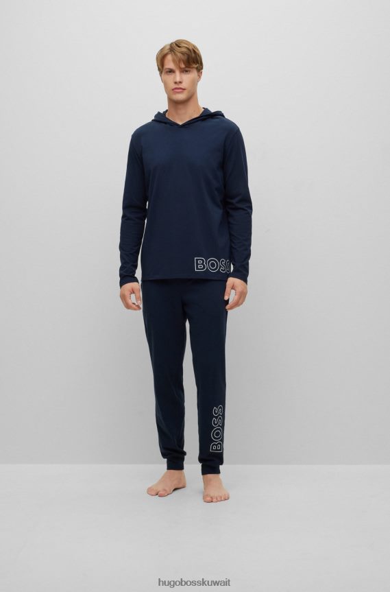 4TFNJN1442 أزرق غامق Hugo Boss بنطلون بيجامة من القطن المطاطي من هوغو باللون الأزرق الداكن مع طباعة الشعار