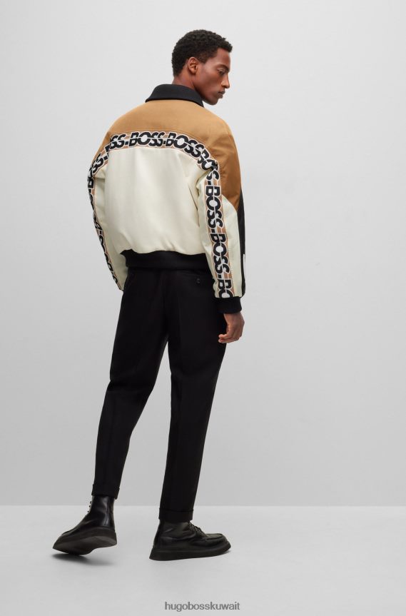 4TFNJN1443 اللون البيج Hugo Boss سترة هوغو من مزيج الصوف باللون البيج المريح مع شريط الشعار