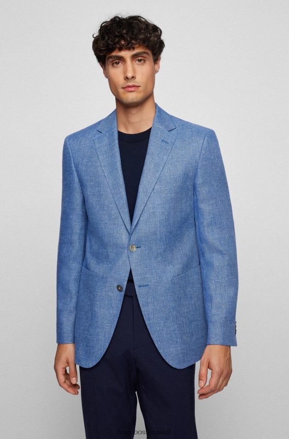 4TFNJN1444 أزرق Hugo Boss سترة Hugo ذات المقاس العادي مصنوعة من مزيج الكتان ذو الأنماط الدقيقة باللون الأزرق