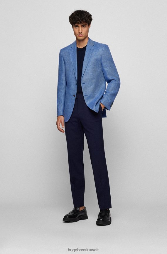 4TFNJN1444 أزرق Hugo Boss سترة Hugo ذات المقاس العادي مصنوعة من مزيج الكتان ذو الأنماط الدقيقة باللون الأزرق