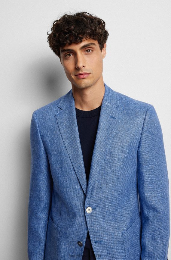 4TFNJN1444 أزرق Hugo Boss سترة Hugo ذات المقاس العادي مصنوعة من مزيج الكتان ذو الأنماط الدقيقة باللون الأزرق