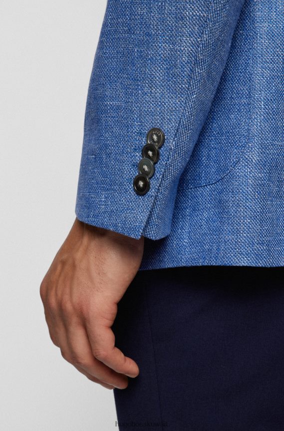 4TFNJN1444 أزرق Hugo Boss سترة Hugo ذات المقاس العادي مصنوعة من مزيج الكتان ذو الأنماط الدقيقة باللون الأزرق
