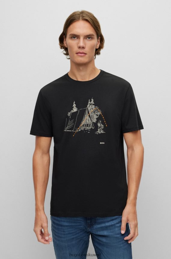 4TFNJN1445 أسود Hugo Boss تي شيرت من الجيرسي القطني بقصة عادية مع عمل فني مطبوع باللون الأسود