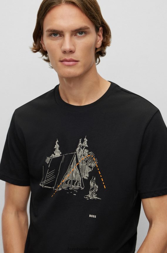 4TFNJN1445 أسود Hugo Boss تي شيرت من الجيرسي القطني بقصة عادية مع عمل فني مطبوع باللون الأسود