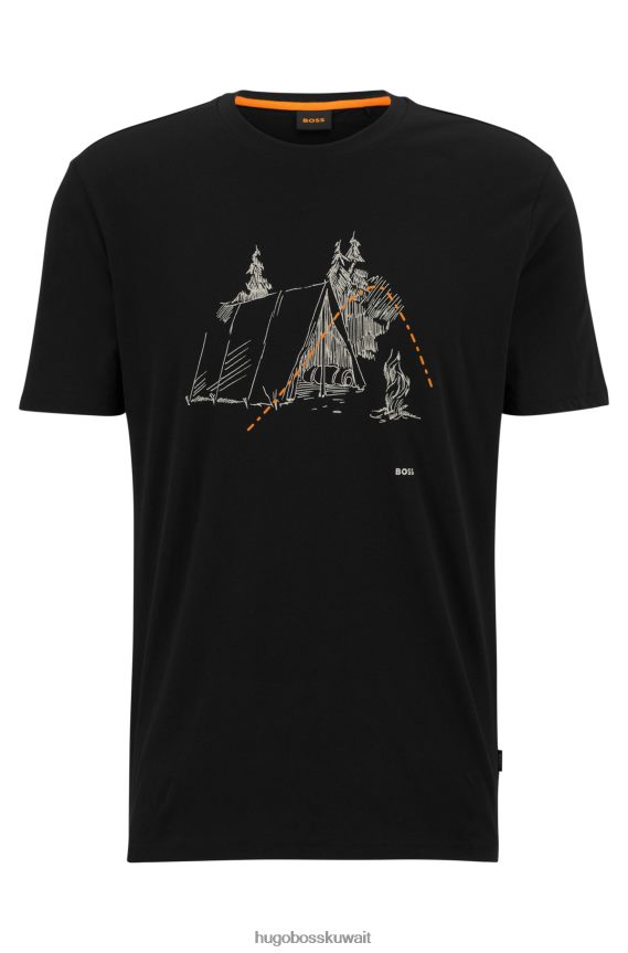 4TFNJN1445 أسود Hugo Boss تي شيرت من الجيرسي القطني بقصة عادية مع عمل فني مطبوع باللون الأسود