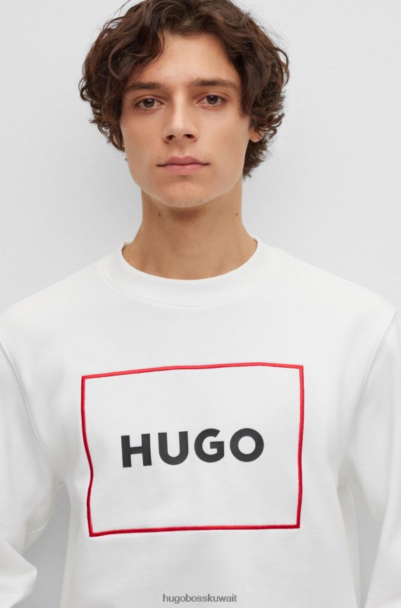 4TFNJN1453 أبيض Hugo Boss سويت شيرت من قطن تيري مع شعار هوغو باللون الأبيض بإطار أحمر
