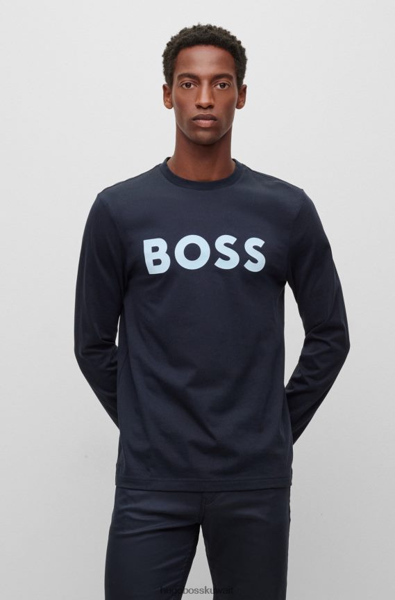 4TFNJN1455 أزرق غامق Hugo Boss تيشيرت Hugo باللون الأزرق الداكن بأكمام طويلة مصنوع من قطن الجيرسيه مع شعار متباين