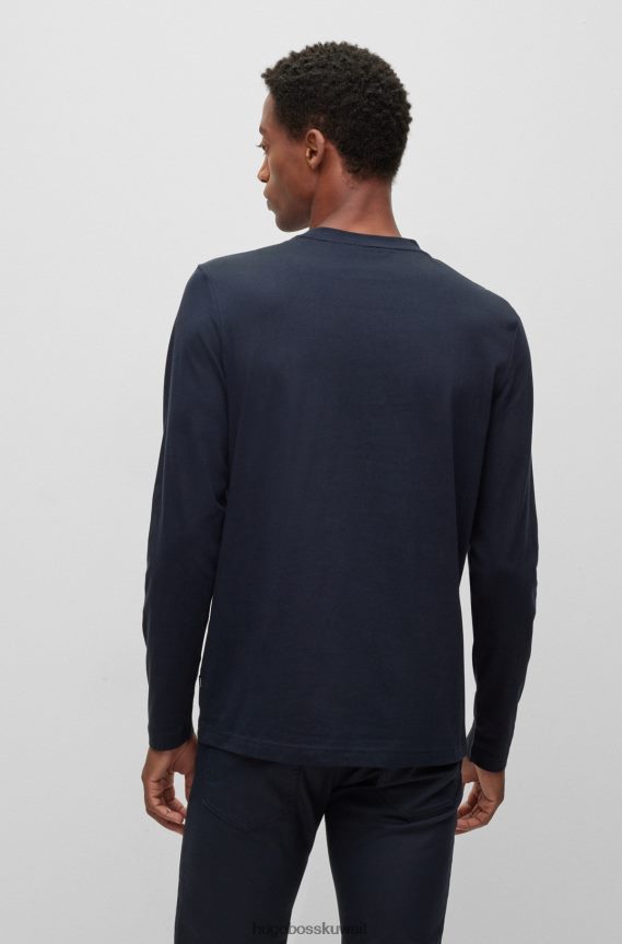 4TFNJN1455 أزرق غامق Hugo Boss تيشيرت Hugo باللون الأزرق الداكن بأكمام طويلة مصنوع من قطن الجيرسيه مع شعار متباين