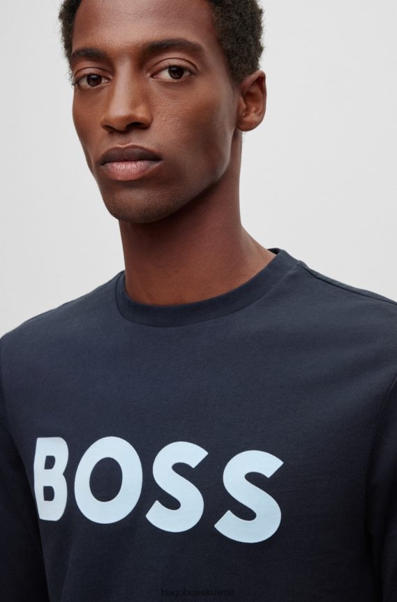 4TFNJN1455 أزرق غامق Hugo Boss تيشيرت Hugo باللون الأزرق الداكن بأكمام طويلة مصنوع من قطن الجيرسيه مع شعار متباين