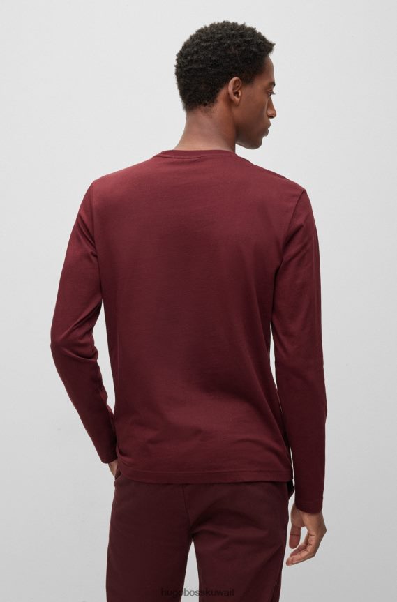 4TFNJN1456 احمر غامق Hugo Boss تيشيرت Hugo بأكمام طويلة من قطن الجيرسيه مع شعار متباين باللون الأحمر الداكن