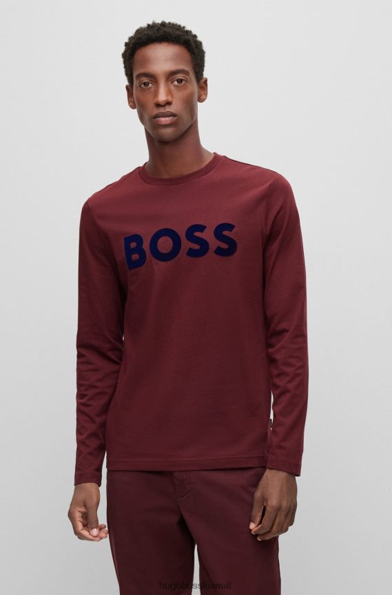 4TFNJN1456 احمر غامق Hugo Boss تيشيرت Hugo بأكمام طويلة من قطن الجيرسيه مع شعار متباين باللون الأحمر الداكن