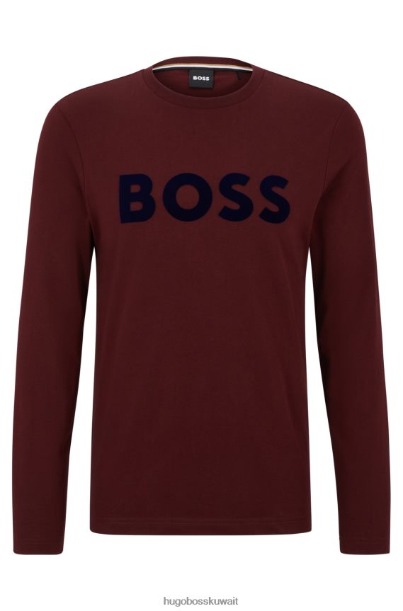 4TFNJN1456 احمر غامق Hugo Boss تيشيرت Hugo بأكمام طويلة من قطن الجيرسيه مع شعار متباين باللون الأحمر الداكن
