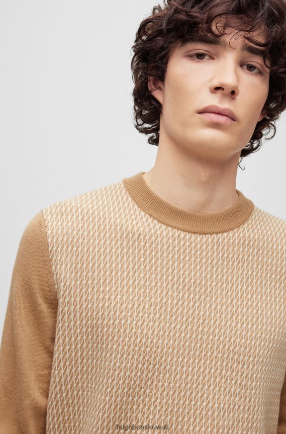 4TFNJN1462 اللون البيج Hugo Boss سترة Hugo بياقة دائرية من قماش الجاكار المحبوك باللون البيج