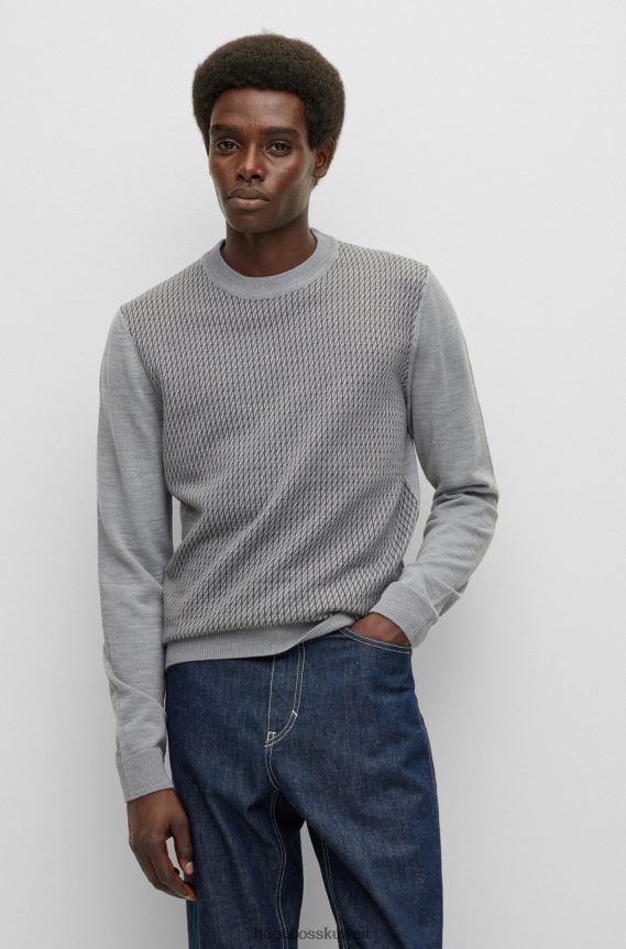 4TFNJN1464 رمادي Hugo Boss سترة رمادية برقبة دائرية من قماش الجاكار المحبوك هوغو