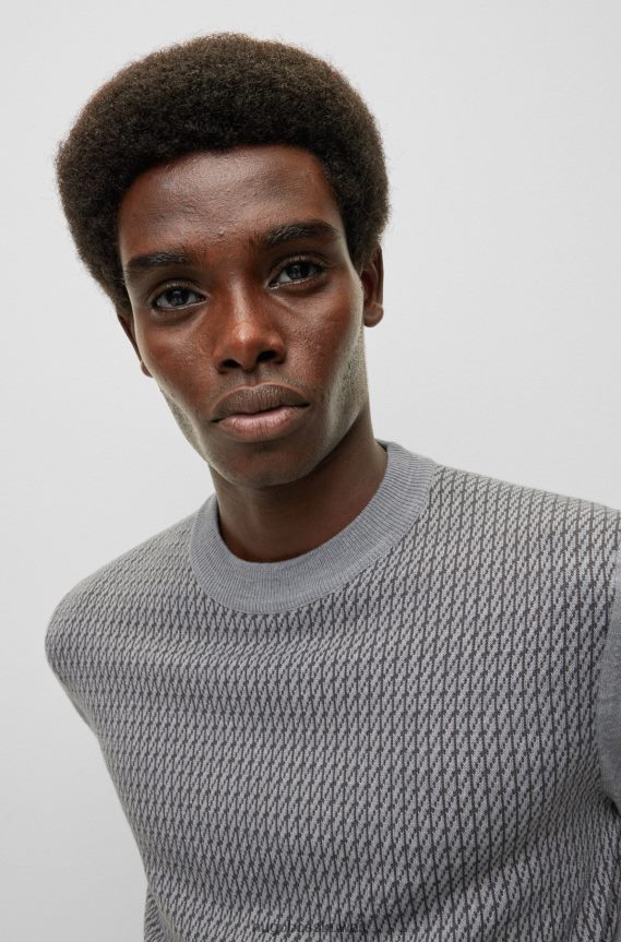 4TFNJN1464 رمادي Hugo Boss سترة رمادية برقبة دائرية من قماش الجاكار المحبوك هوغو