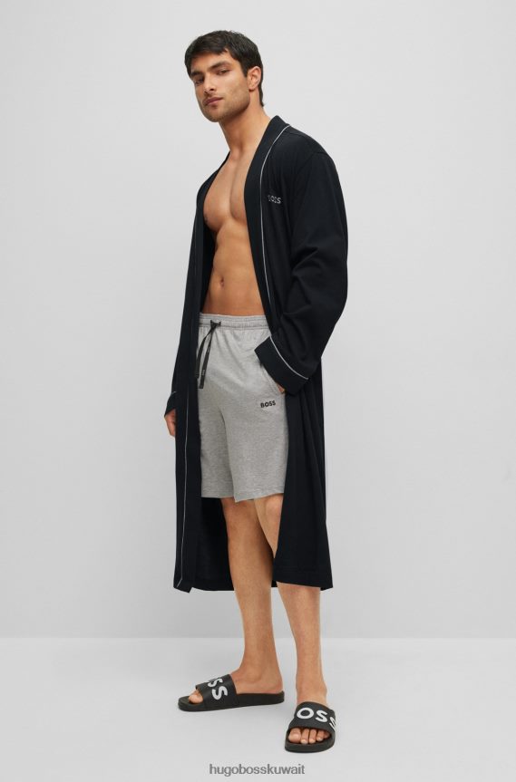 4TFNJN1465 أسود Hugo Boss رداء حمام من الجيرسي القطني مع شعار وأنابيب باللون الأسود