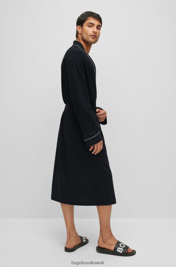 4TFNJN1465 أسود Hugo Boss رداء حمام من الجيرسي القطني مع شعار وأنابيب باللون الأسود