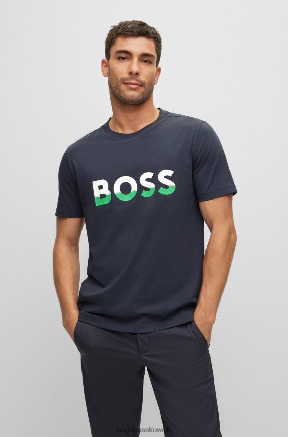 4TFNJN1473 أزرق غامق Hugo Boss تي شيرت هوغو من الجيرسي القطني باللون الأزرق الداكن مع طباعة شعار بألوان متعددة