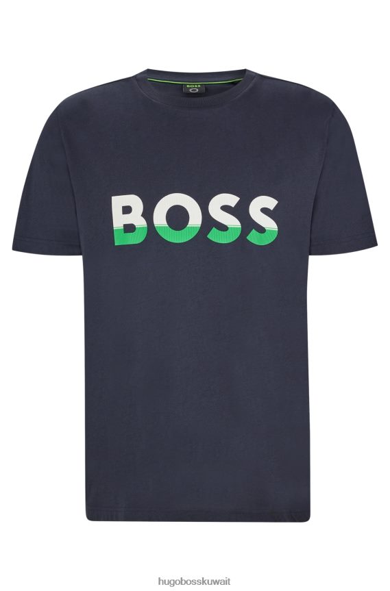 4TFNJN1473 أزرق غامق Hugo Boss تي شيرت هوغو من الجيرسي القطني باللون الأزرق الداكن مع طباعة شعار بألوان متعددة