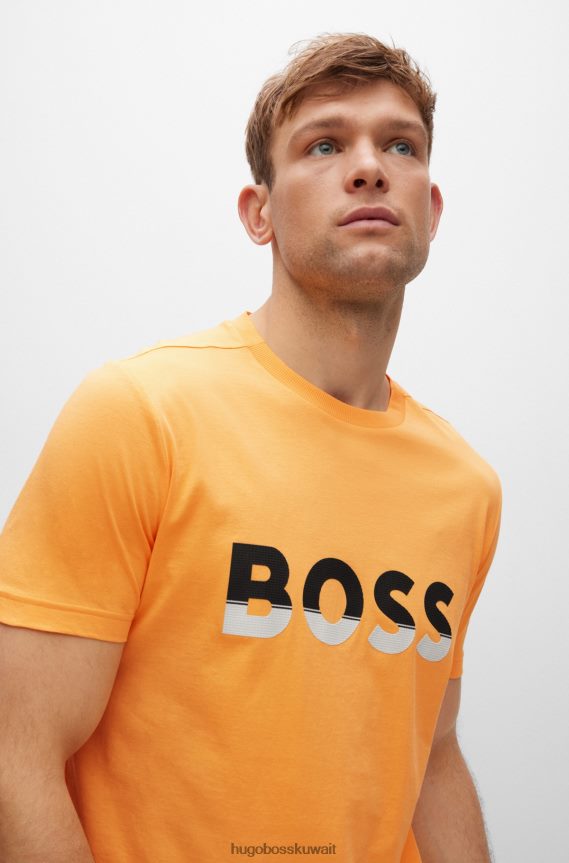 4TFNJN1474 برتقالي فاتح Hugo Boss تيشيرت هوغو من الجيرسي القطني مع طباعة شعار ملون باللون البرتقالي الفاتح
