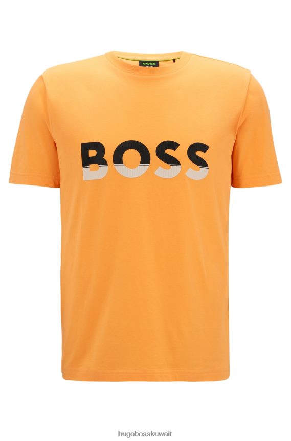 4TFNJN1474 برتقالي فاتح Hugo Boss تيشيرت هوغو من الجيرسي القطني مع طباعة شعار ملون باللون البرتقالي الفاتح