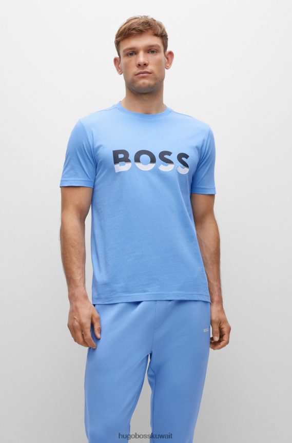 4TFNJN1475 أزرق Hugo Boss تي شيرت من الجيرسي القطني مع طباعة شعار ملون باللون الأزرق