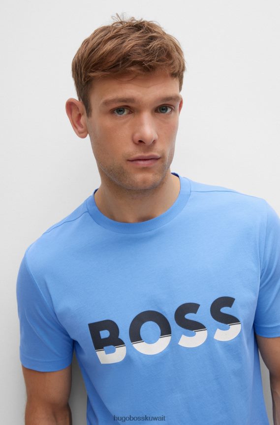 4TFNJN1475 أزرق Hugo Boss تي شيرت من الجيرسي القطني مع طباعة شعار ملون باللون الأزرق
