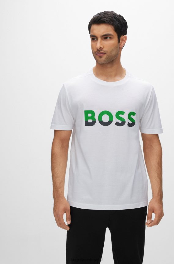 4TFNJN1476 أبيض Hugo Boss تي شيرت من الجيرسي القطني الأبيض مع طباعة شعار هوغو بألوان متعددة