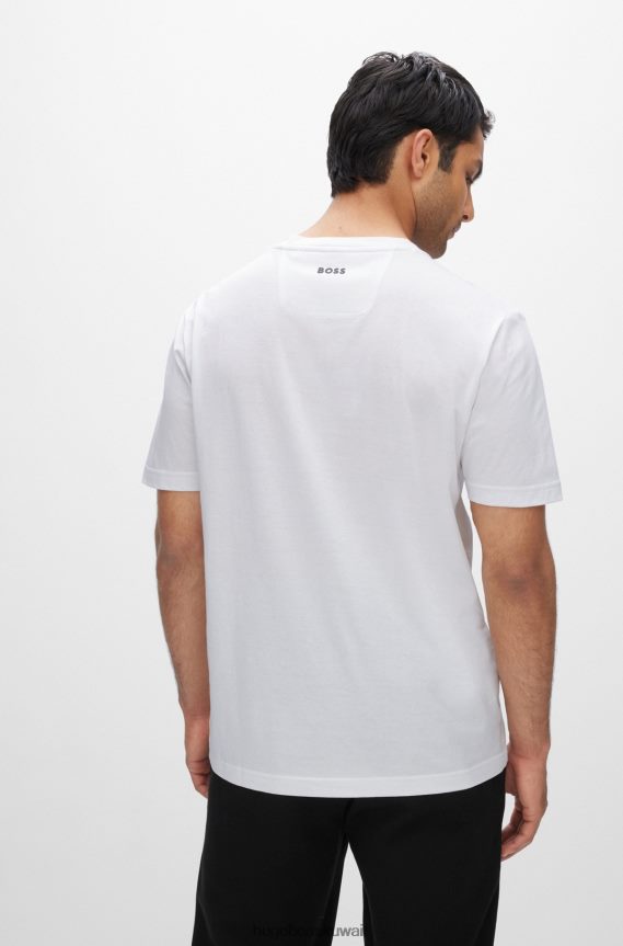 4TFNJN1476 أبيض Hugo Boss تي شيرت من الجيرسي القطني الأبيض مع طباعة شعار هوغو بألوان متعددة