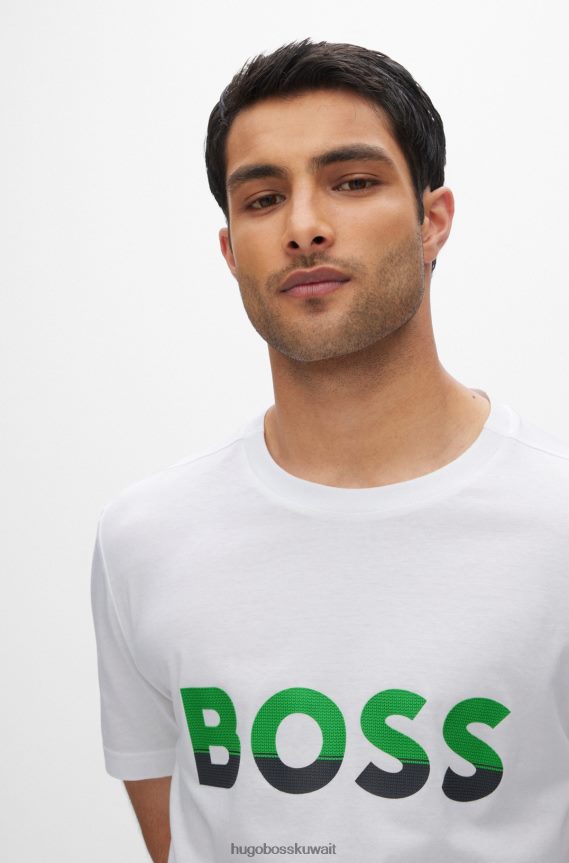 4TFNJN1476 أبيض Hugo Boss تي شيرت من الجيرسي القطني الأبيض مع طباعة شعار هوغو بألوان متعددة