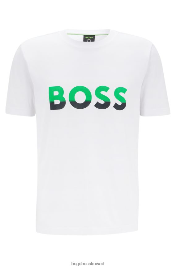 4TFNJN1476 أبيض Hugo Boss تي شيرت من الجيرسي القطني الأبيض مع طباعة شعار هوغو بألوان متعددة