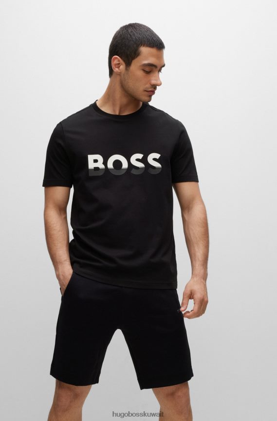4TFNJN1477 أسود Hugo Boss تي شيرت من الجيرسي القطني مع طباعة شعار متباين الألوان باللون الأسود