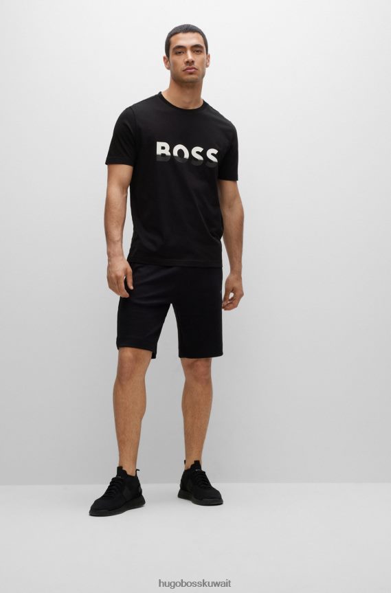 4TFNJN1477 أسود Hugo Boss تي شيرت من الجيرسي القطني مع طباعة شعار متباين الألوان باللون الأسود