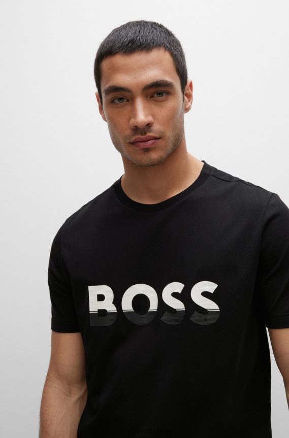 4TFNJN1477 أسود Hugo Boss تي شيرت من الجيرسي القطني مع طباعة شعار متباين الألوان باللون الأسود