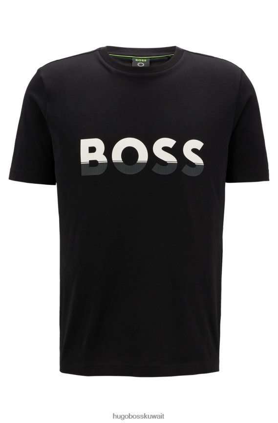 4TFNJN1477 أسود Hugo Boss تي شيرت من الجيرسي القطني مع طباعة شعار متباين الألوان باللون الأسود