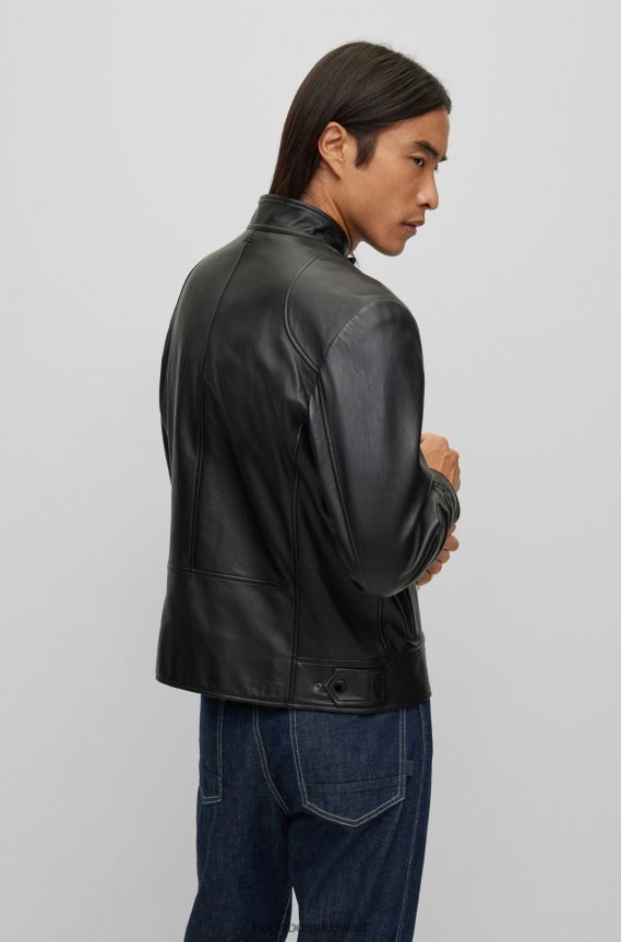 4TFNJN1492 أسود Hugo Boss سترة راكب الدراجة النارية من جلد نابا باللون الأسود مع سحابات كبيرة