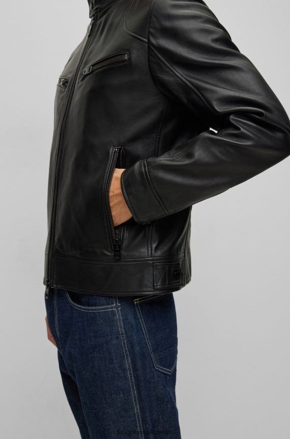 4TFNJN1492 أسود Hugo Boss سترة راكب الدراجة النارية من جلد نابا باللون الأسود مع سحابات كبيرة