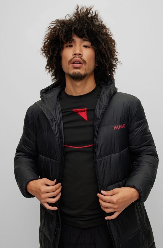 4TFNJN1500 أسود Hugo Boss معطف منتفخ بغطاء رأس من Hugo باللون الأسود مع شعار على الصدر